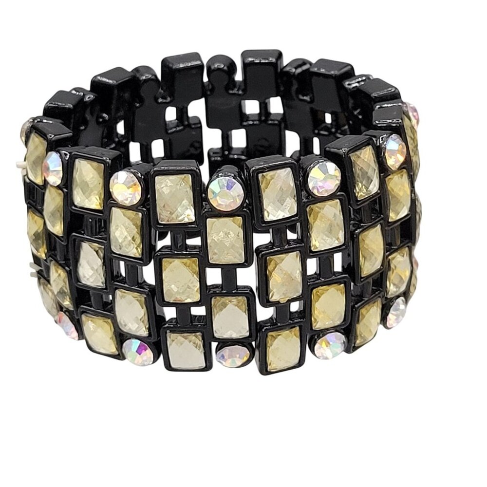 Black Lucite Bangle Stretch Bracelet With Faceted Gold Beads Rhinestones 1.5" W